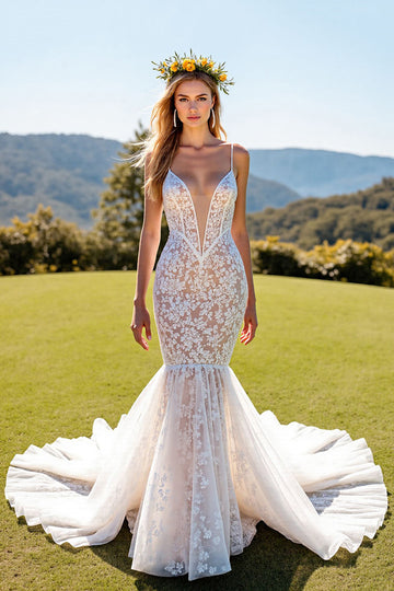 Mermaid Corset Ivory V Neck Lace Wedding Dress